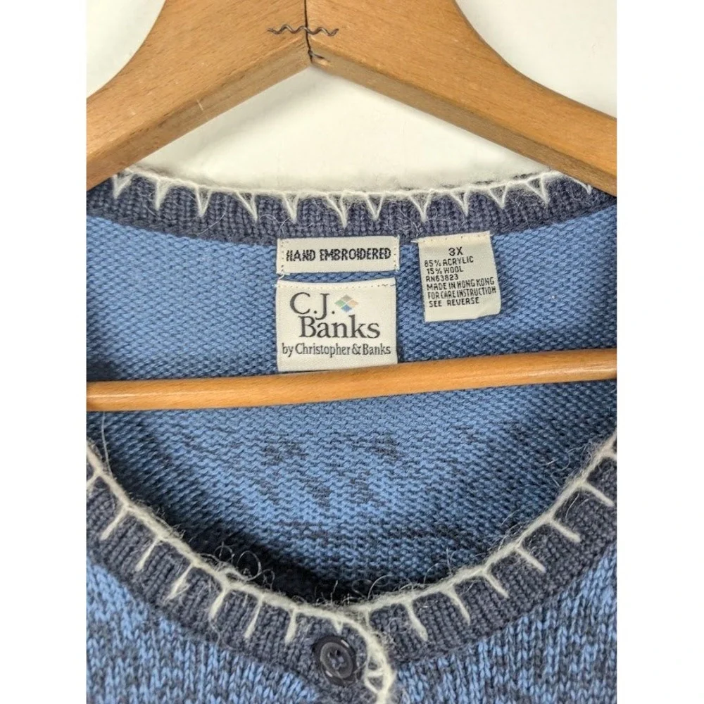 CJ Banks Cardigan Sweater Size 3X Hand Embroidered Winter Snowflakes Cottagecore